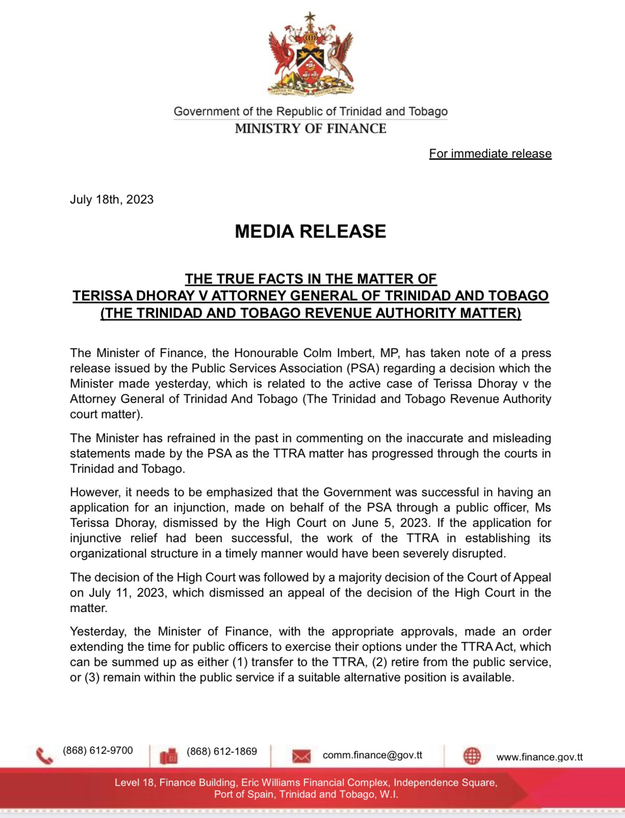 THE TRUE FACTS IN THE MATTER OF TERISSA DHORAY V ATTORNEY GENERAL OF TRINIDAD AND TOBAGO